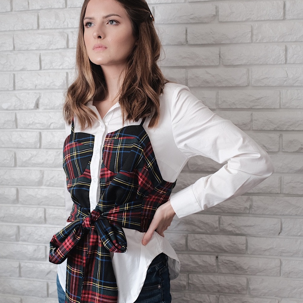 Alpha and Omega Plaid Corset Button Up Blouse
